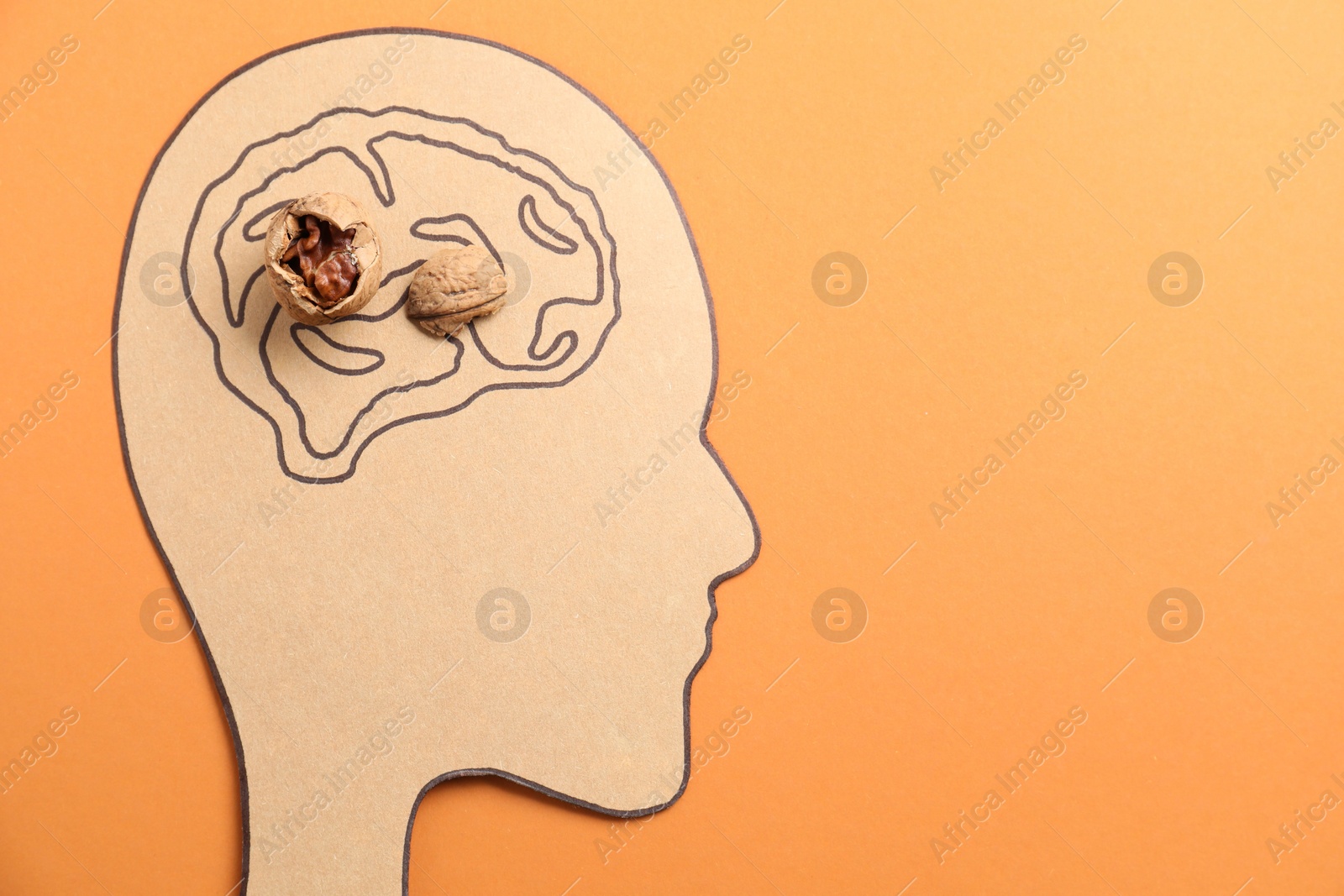 Photo of Amnesia problem. Paper cutout of human head, brain drawing and broken walnut on orange background, top view. Space for text