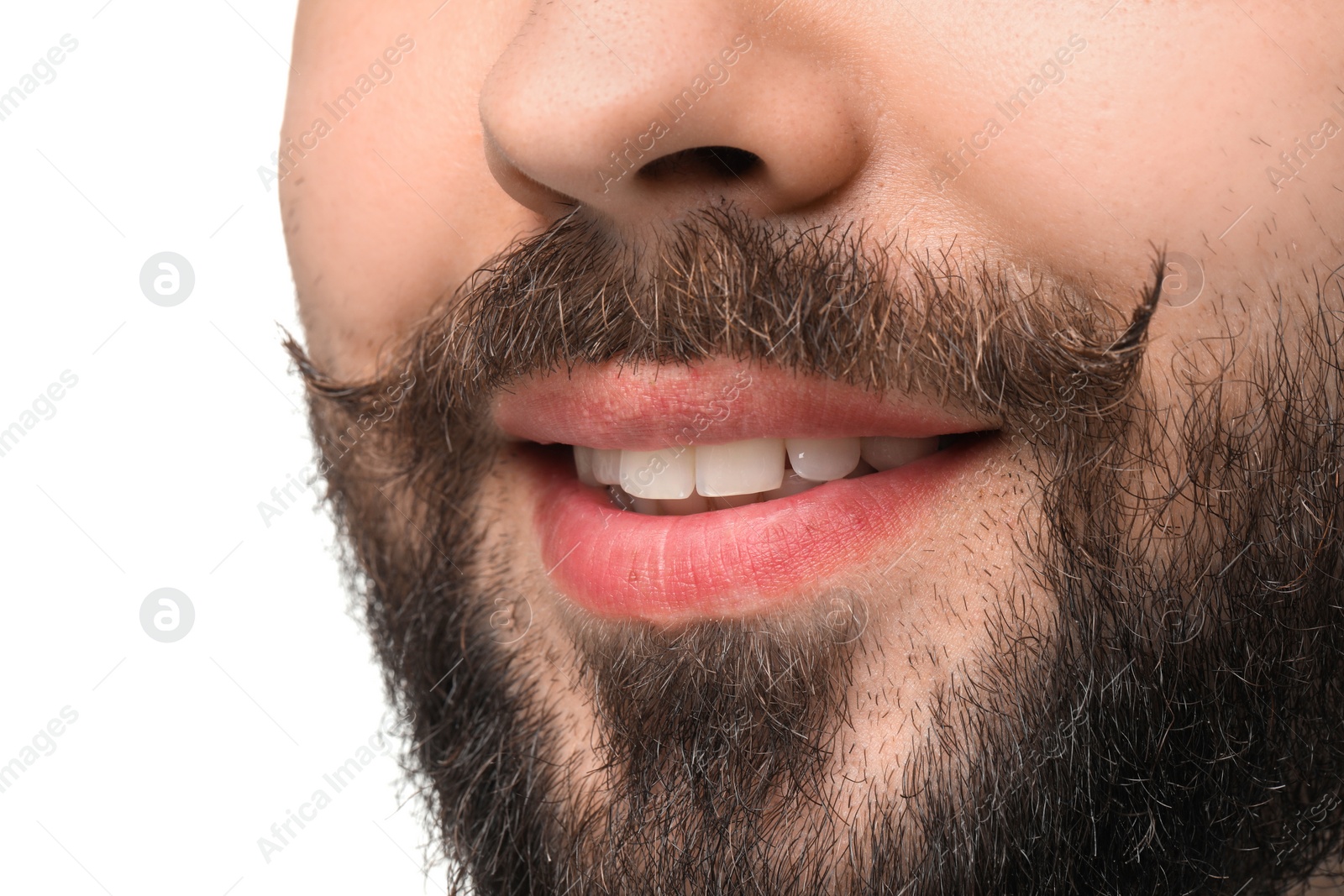 Photo of Happy man with mustache on white background, closeup