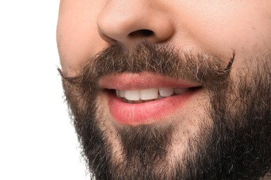 Happy man with mustache on white background, closeup