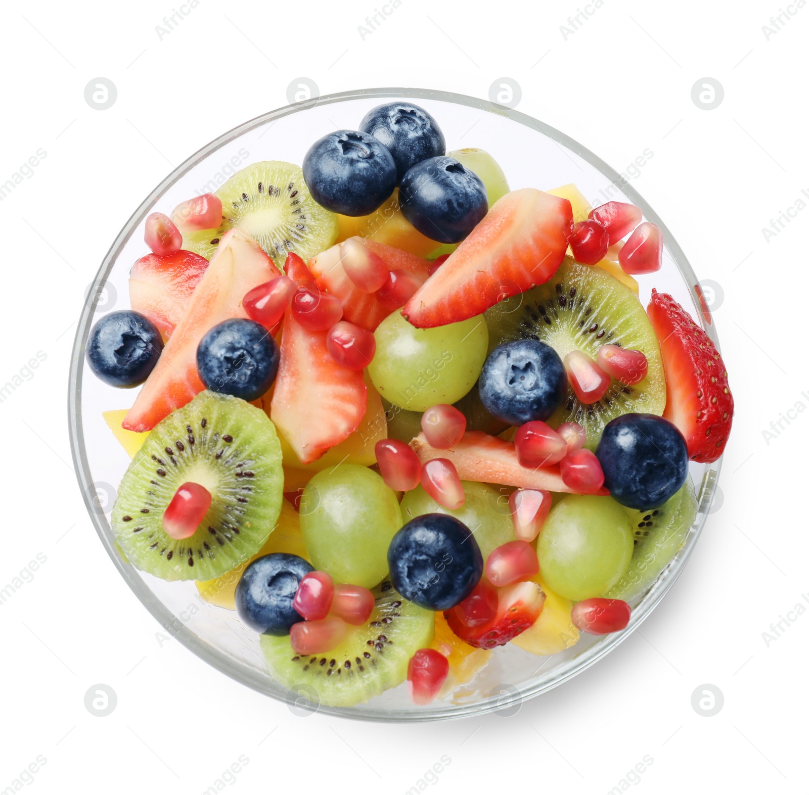 Photo of Tasty fruit salad in bowl isolated on white, top view