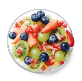 Tasty fruit salad in bowl isolated on white, top view