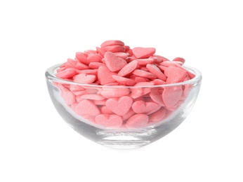 Sweet candy hearts in bowl on white background