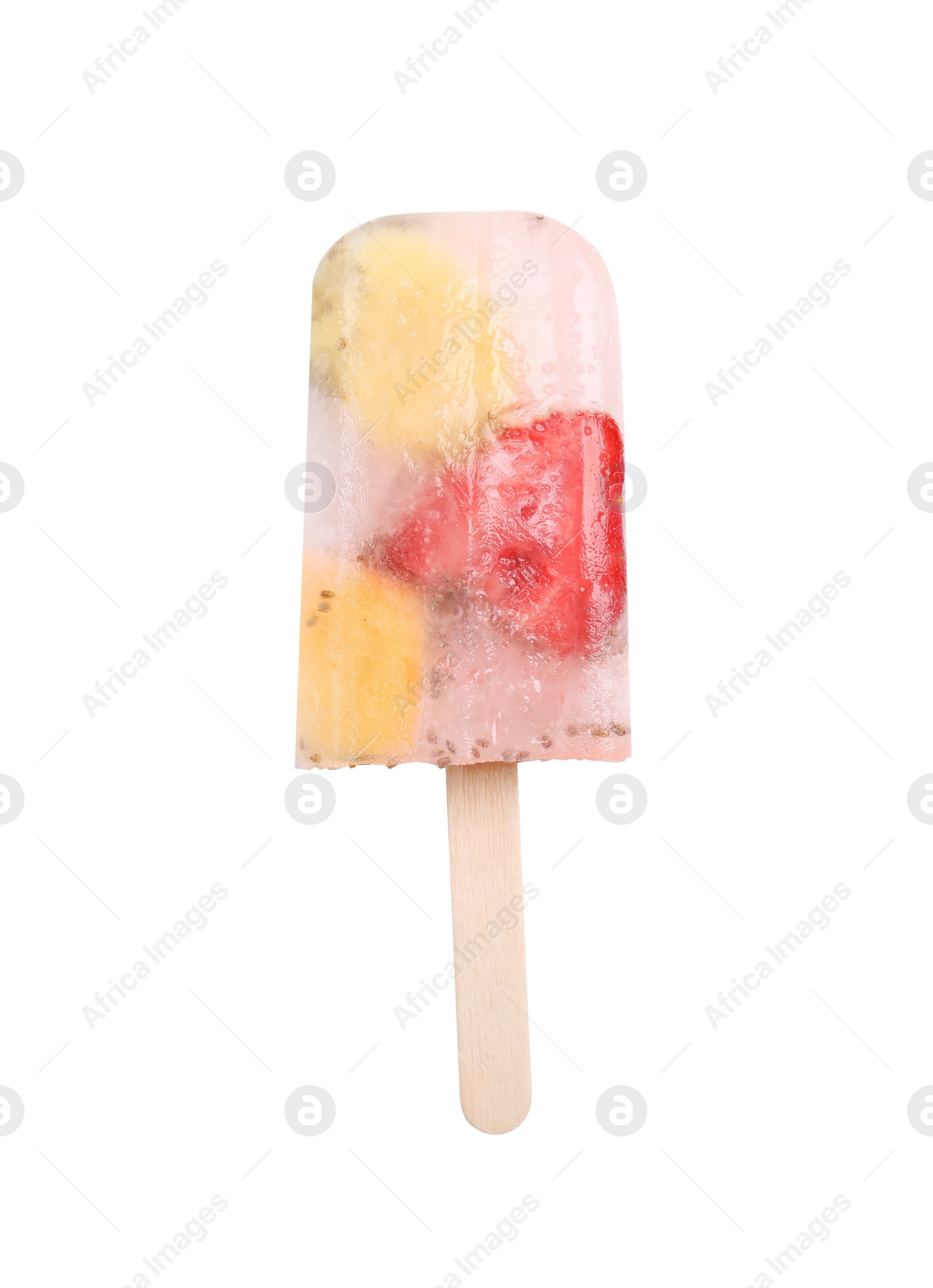 Photo of Tasty berry popsicle isolated on white, top view
