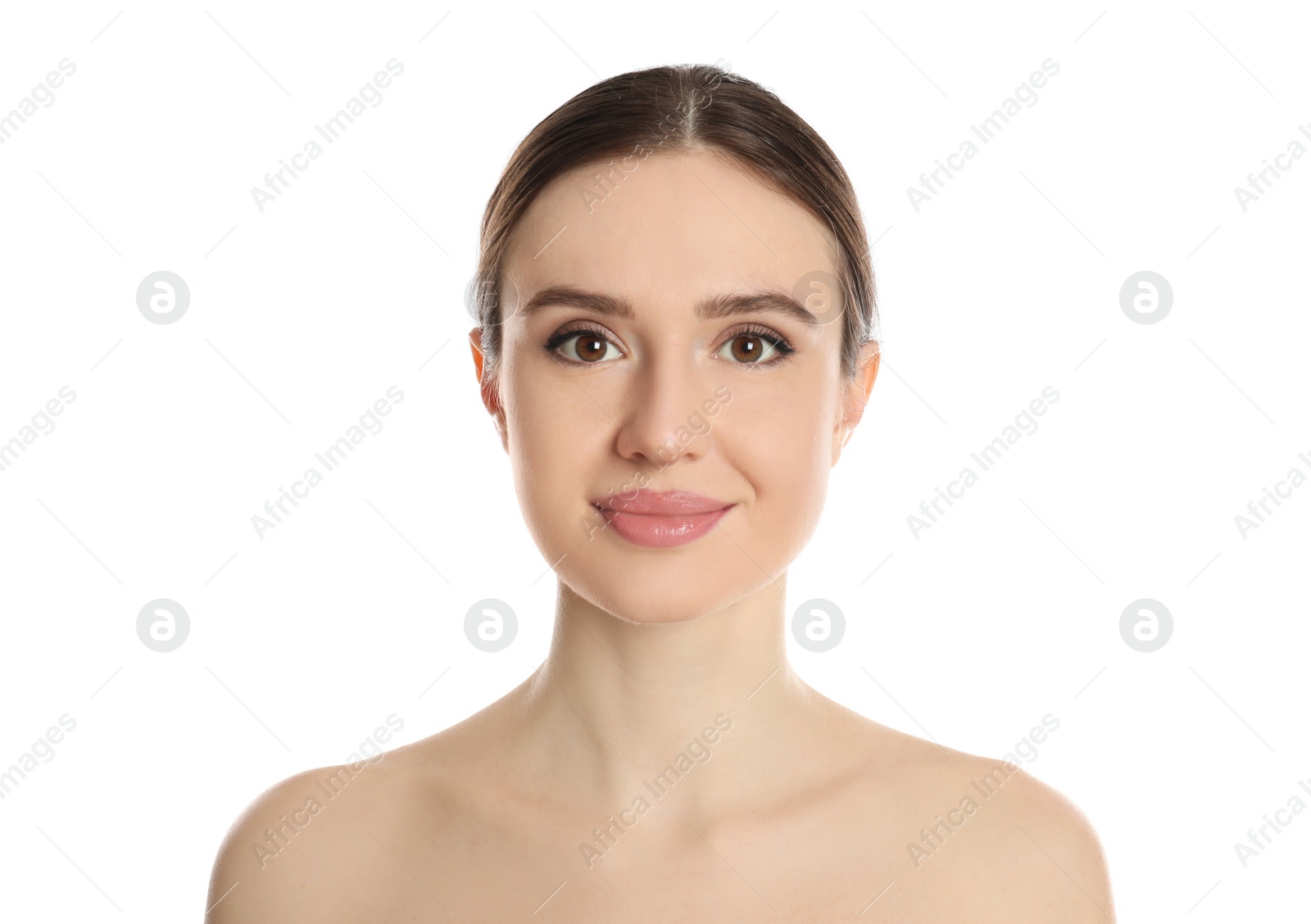 Photo of Portrait of young woman with beautiful face on white background