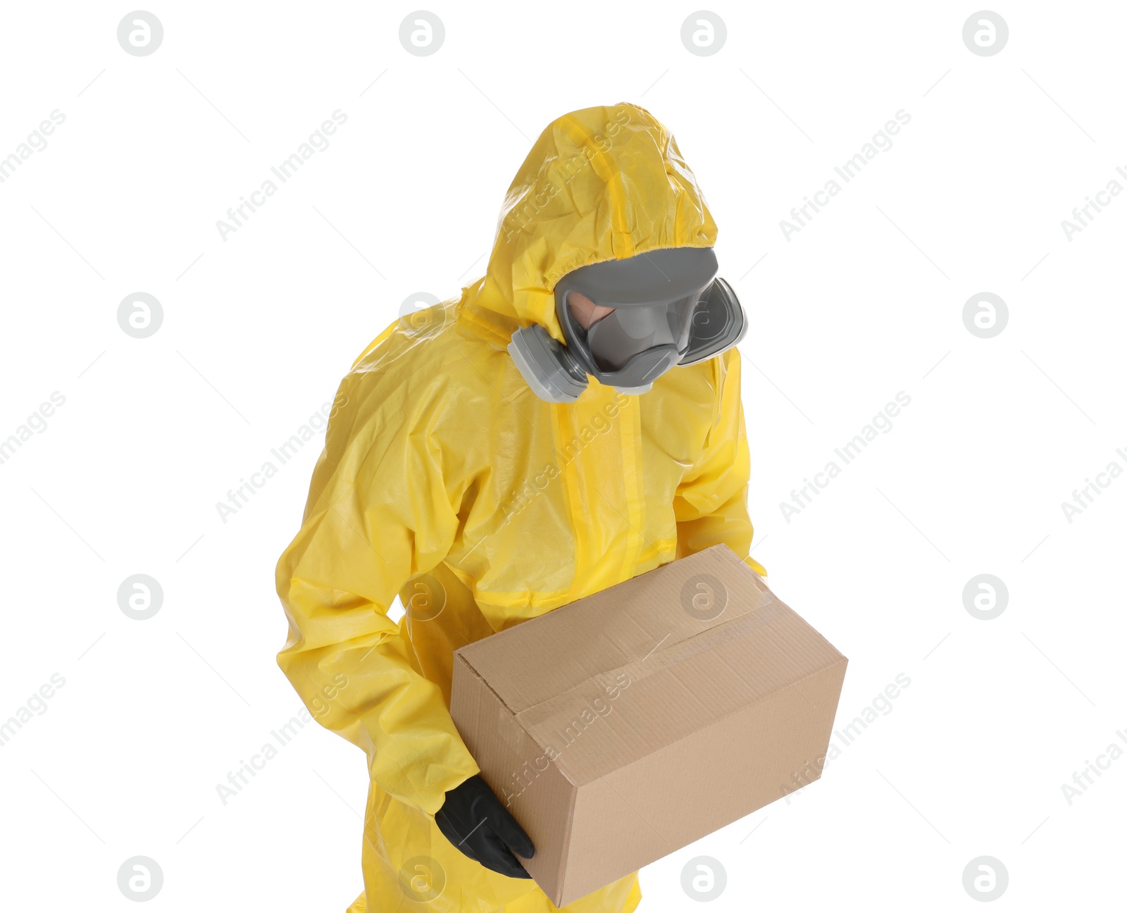 Photo of Man wearing chemical protective suit with cardboard box on white background, above view. Prevention of virus spread