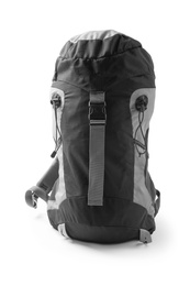 Photo of Stylish capacious backpack on white background. Camping equipment