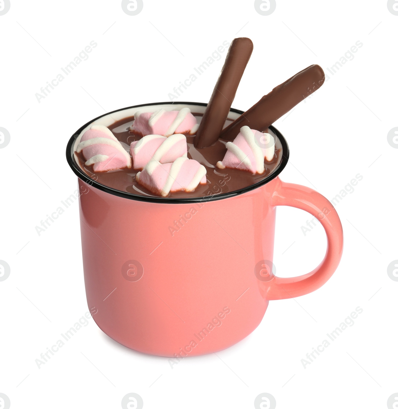 Photo of Cup of delicious hot chocolate with marshmallows isolated on white