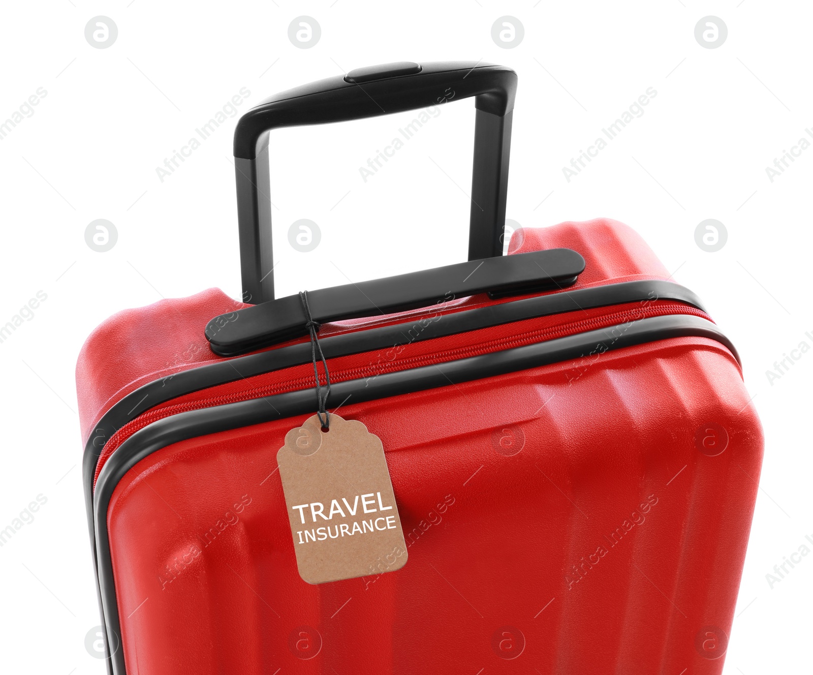 Photo of Red suitcase with TRAVEL INSURANCE label on white background