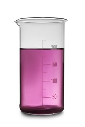 Glass beaker with purple liquid sample isolated on white. Laboratory analysis