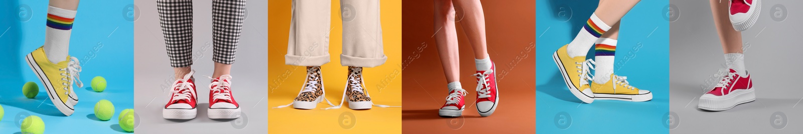 Image of Photos of women in stylish sneakers on different color backgrounds, collage design