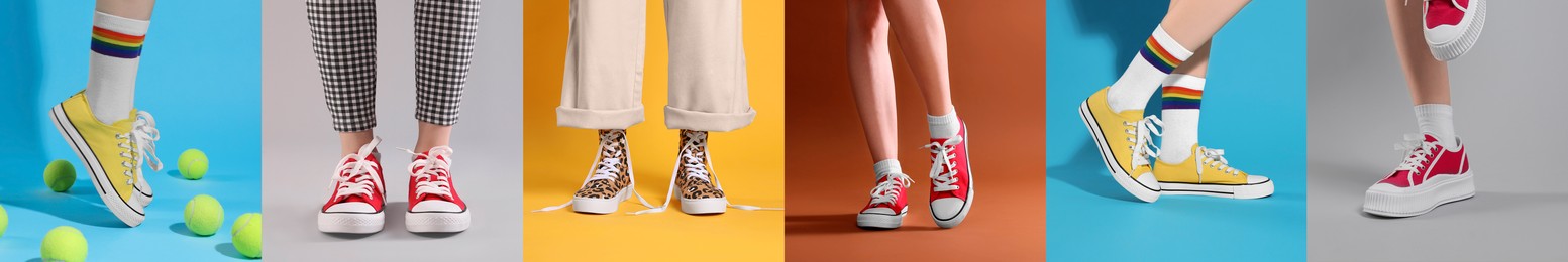 Image of Photos of women in stylish sneakers on different color backgrounds, collage design