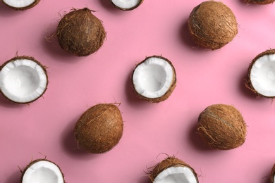 Coconut pattern on color background, flat lay