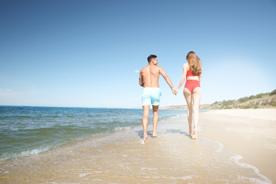 Woman in bikini and her boyfriend on beach, back view with space for text. Lovely couple