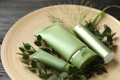 Photo of Set of cosmetic products and plants on plate, closeup