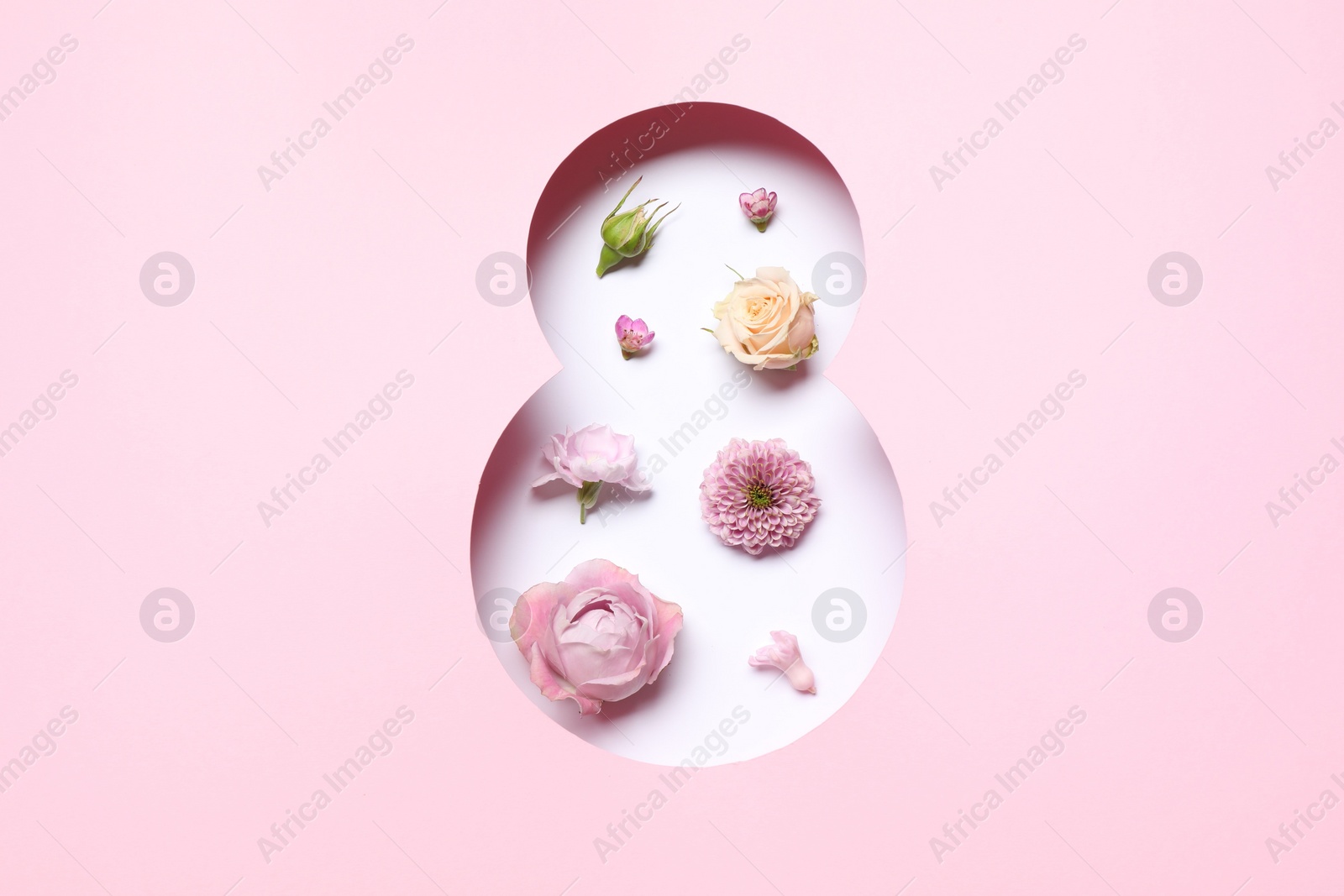 Photo of 8 March greeting card design with flowers, top view. Happy International Women's Day