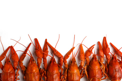 Delicious boiled crayfishes isolated on white, top view