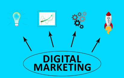 Illustration of Digital marketing strategy. Different icons and graphs on blue background