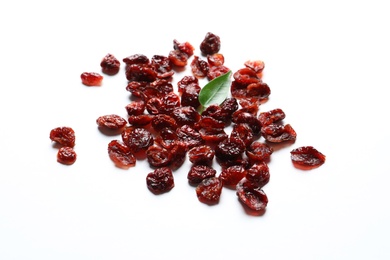 Photo of Cranberries on white background. Dried fruit as healthy snack