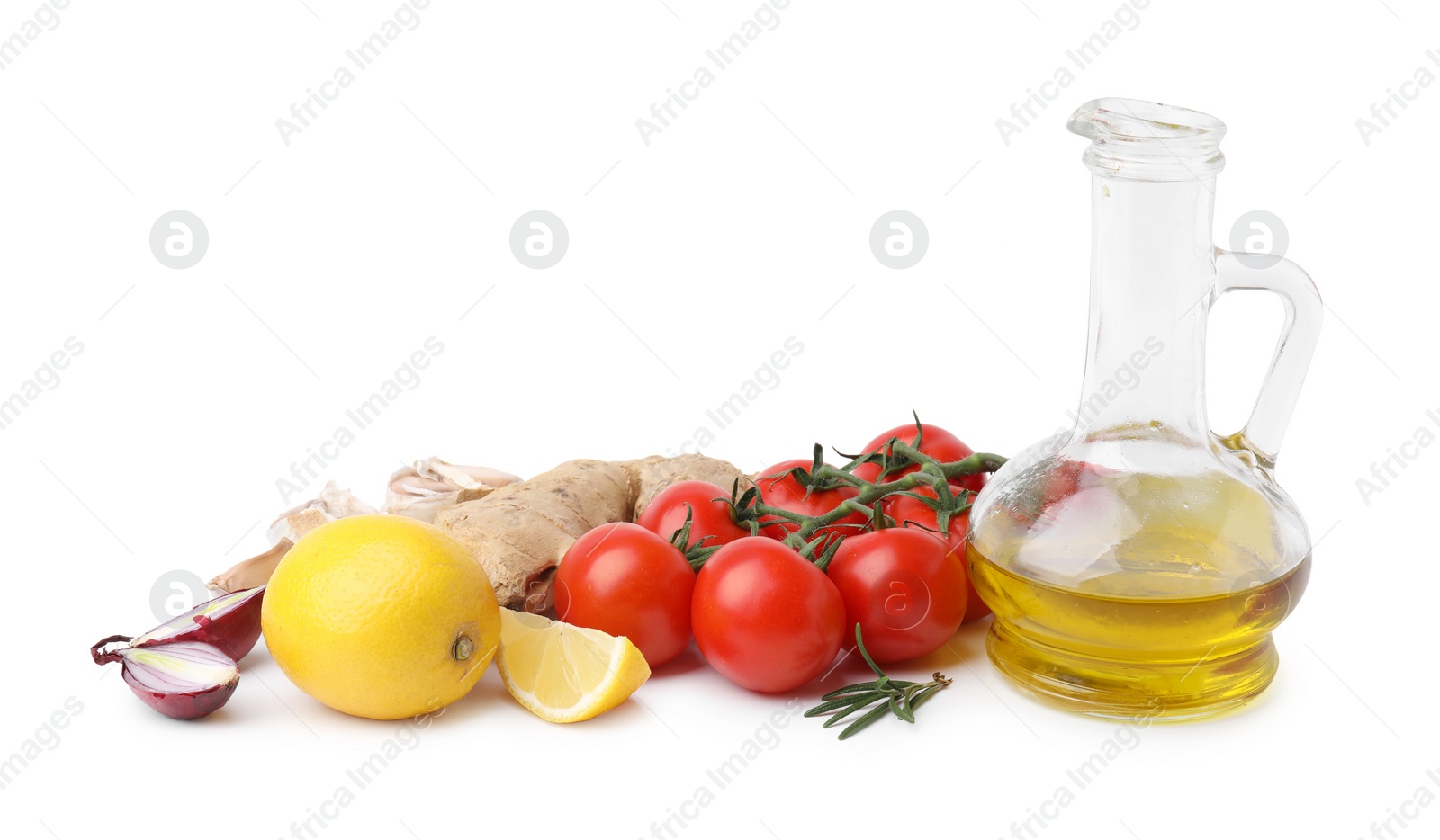 Photo of Different fresh ingredients for marinade on white background