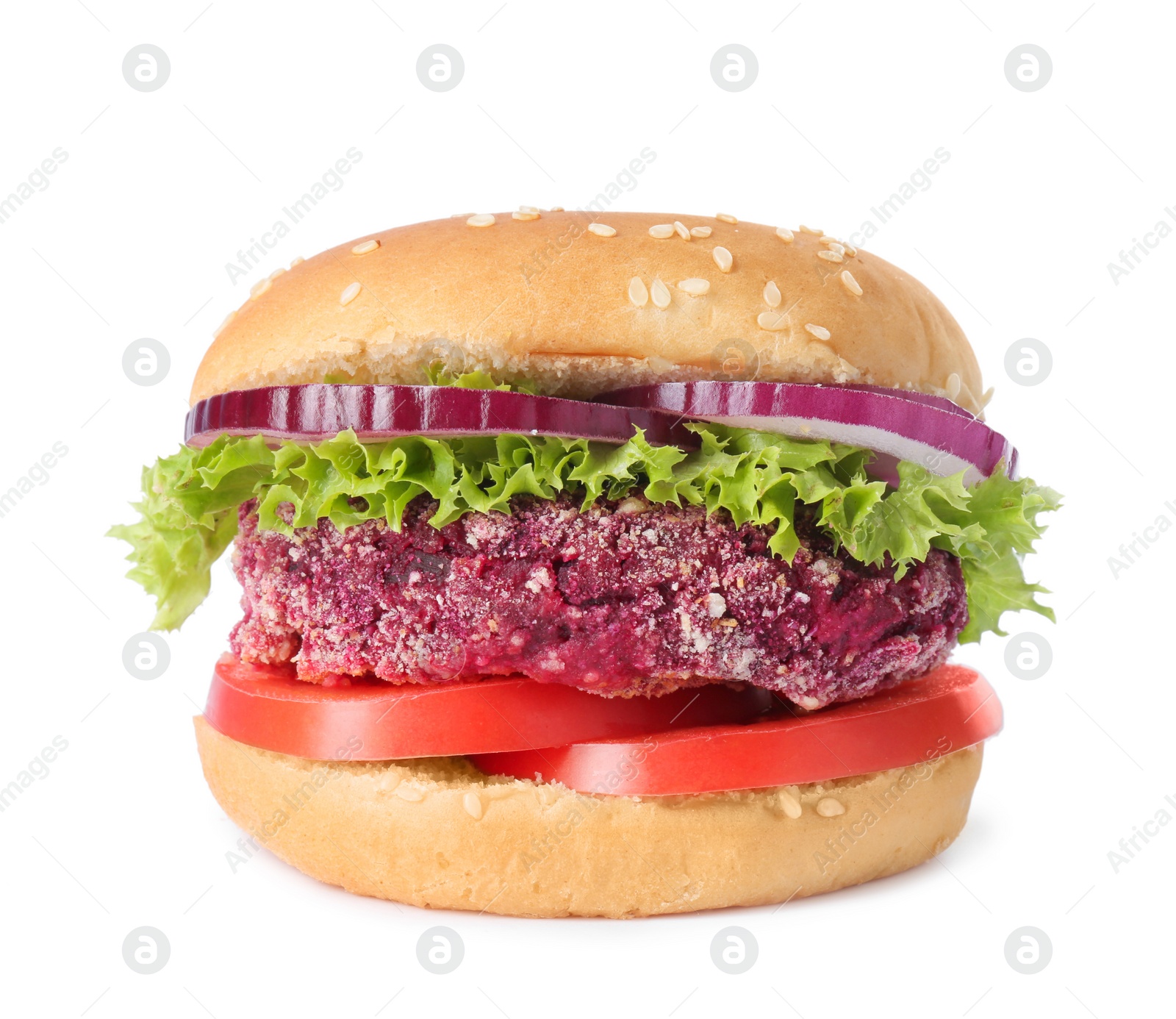 Photo of Tasty vegetarian burger with beet patty isolated on white