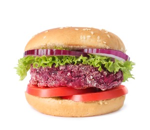 Photo of Tasty vegetarian burger with beet patty isolated on white