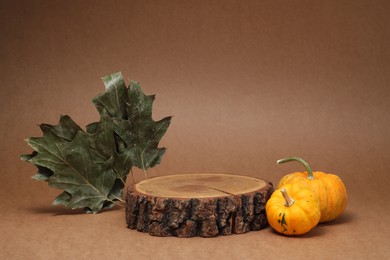 Photo of Autumn presentation for product. Wooden stump, pumpkins and dry leaves on brown background, space for text