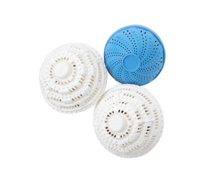 Photo of Many dryer balls for washing machine on white background, top view. Laundry detergent substitute