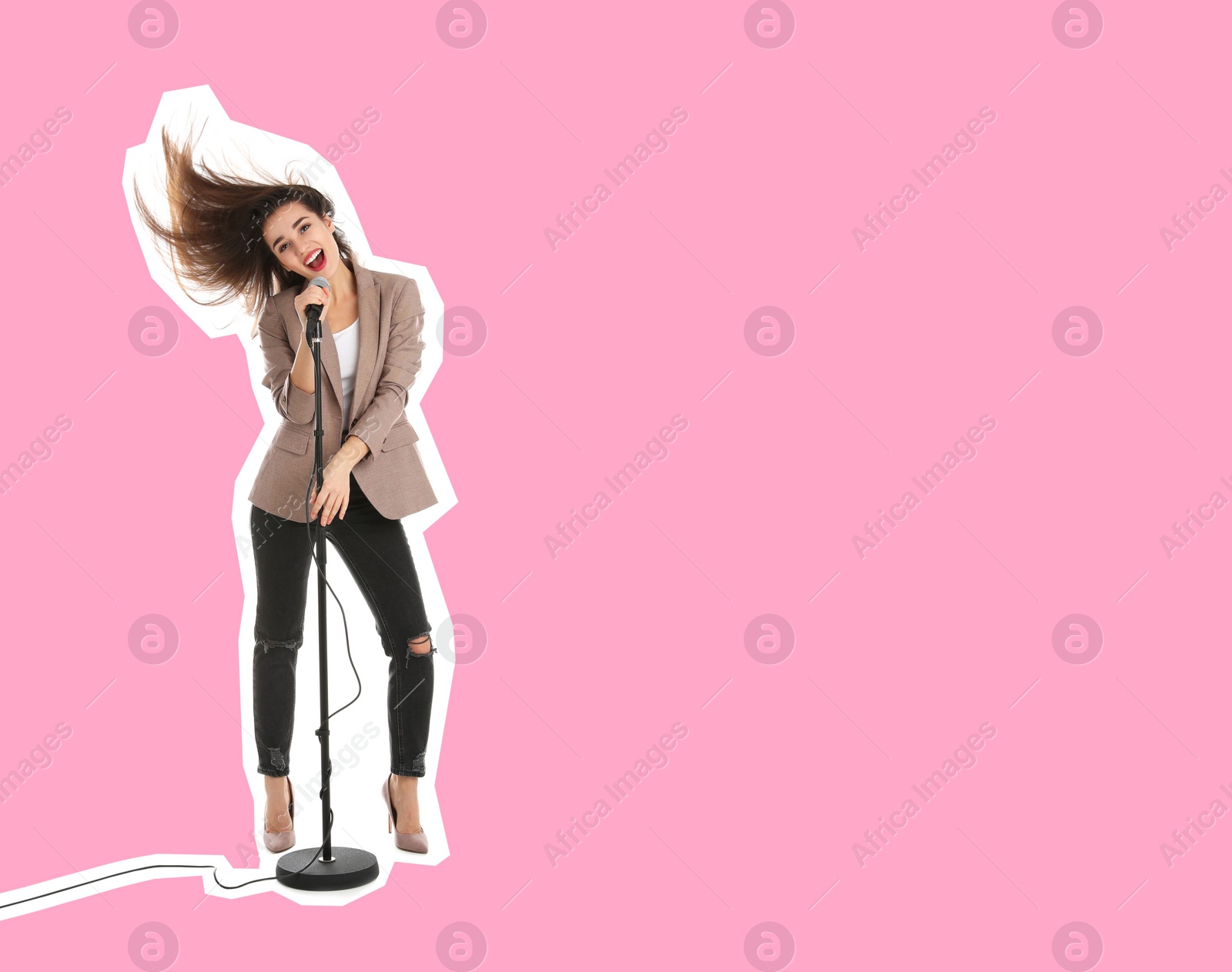 Image of Pop art poster. Expressive woman with microphone singing on pink background. Space for text