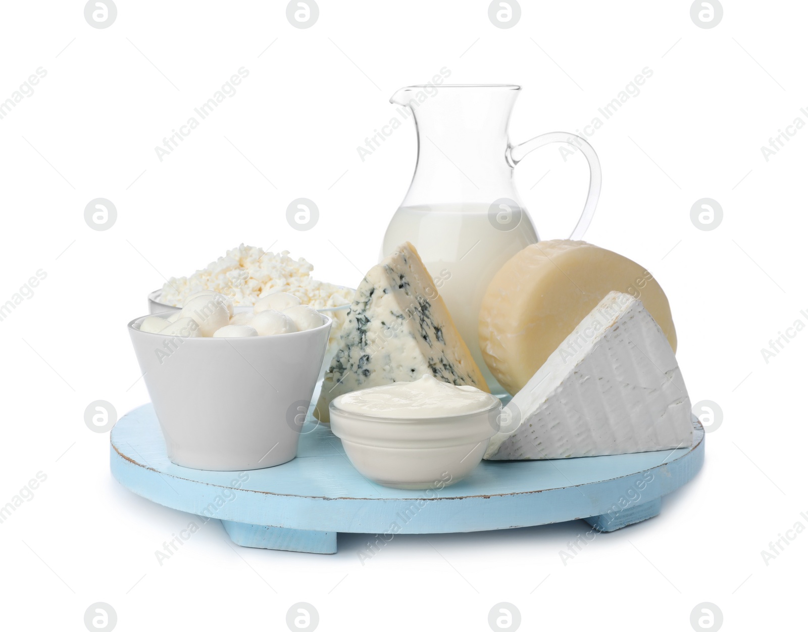 Photo of Different dairy products on white background