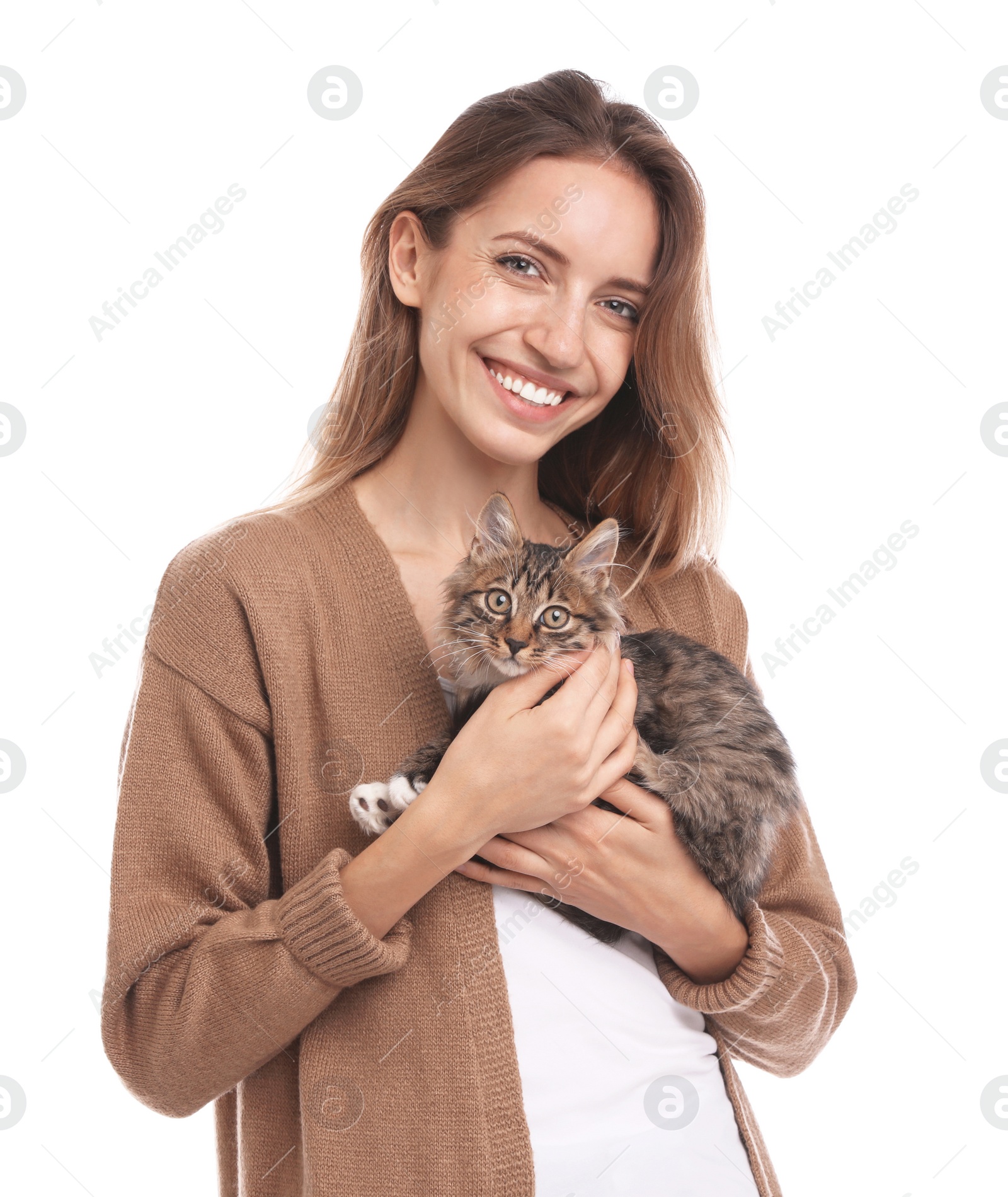 Photo of Young woman with cat on white background. Owner and pet