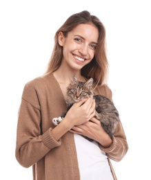 Photo of Young woman with cat on white background. Owner and pet