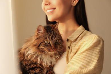 Beautiful woman with her cute cat on beige background, closeup. Fluffy pet