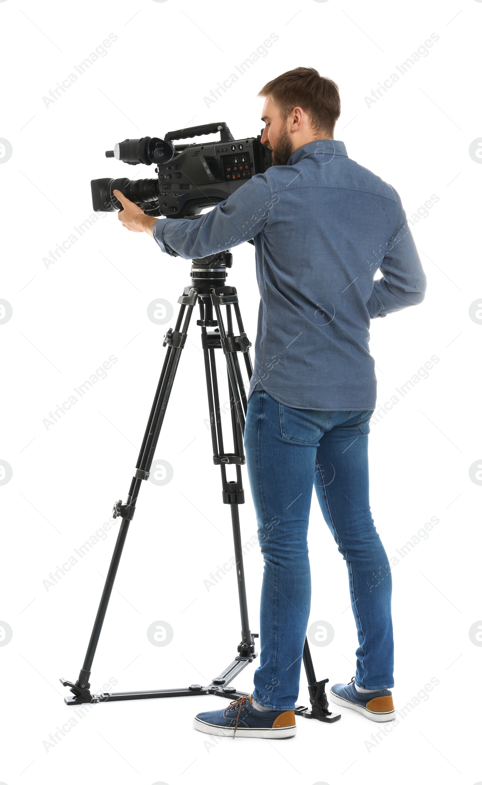 Photo of Operator with professional video camera on white background