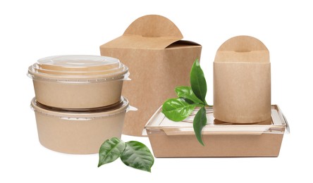 Different containers and green fresh leaves on white background. Banner design