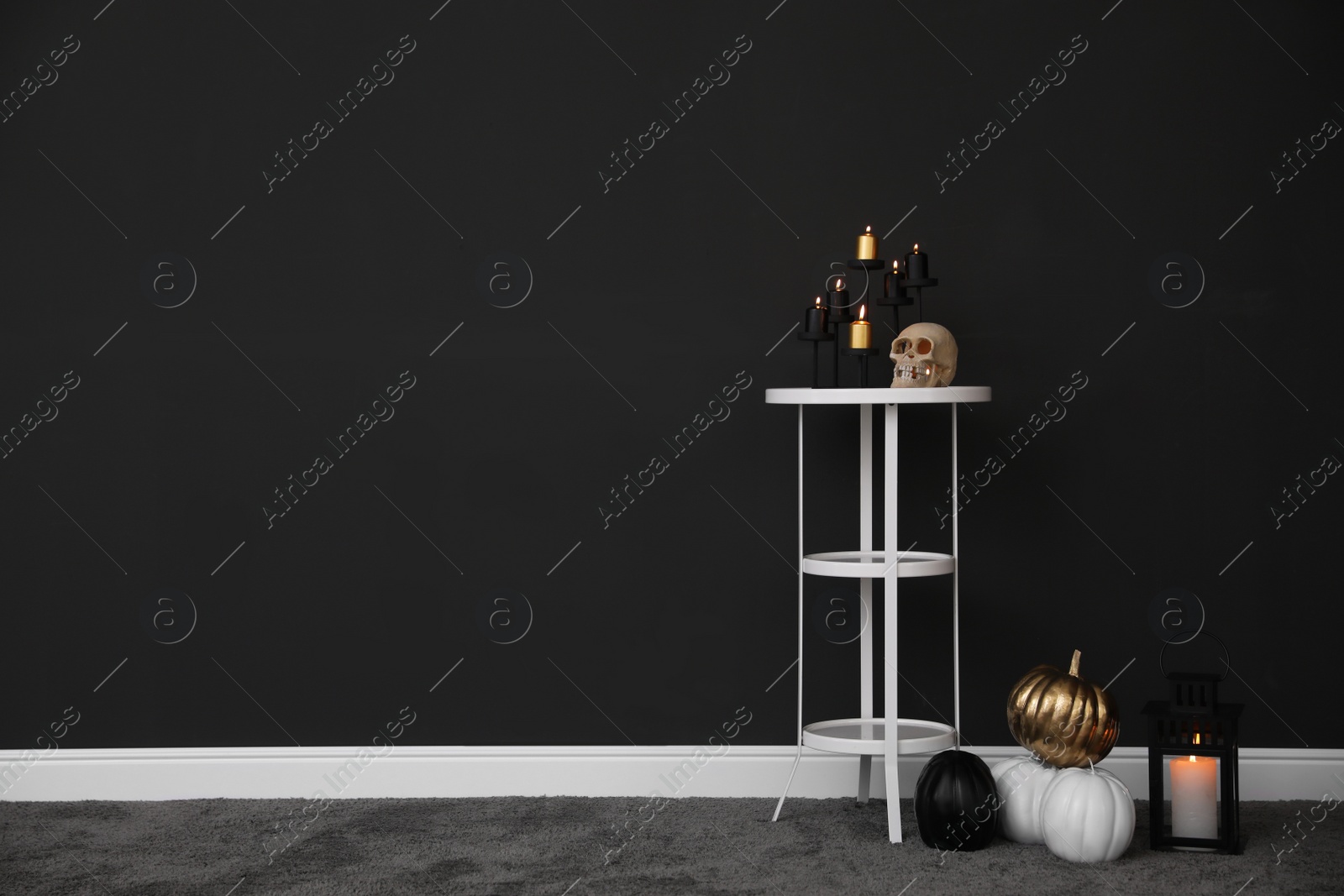 Photo of Halloween decor in room, space for text. Idea for festive interior