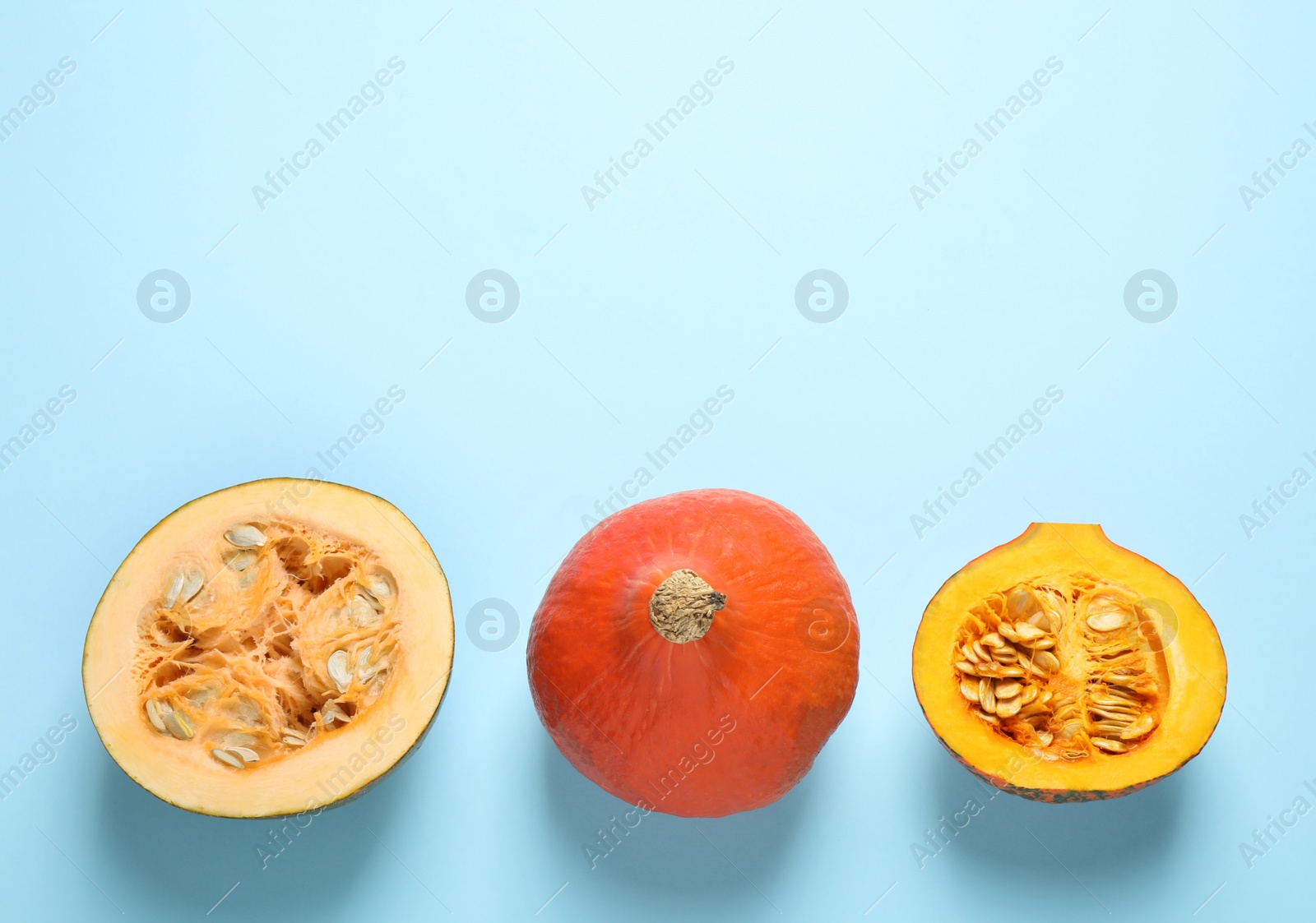 Photo of Fresh ripe pumpkins on blue background, flat lay with space for text. Holiday decoration