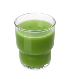 Glass of fresh celery juice on white background