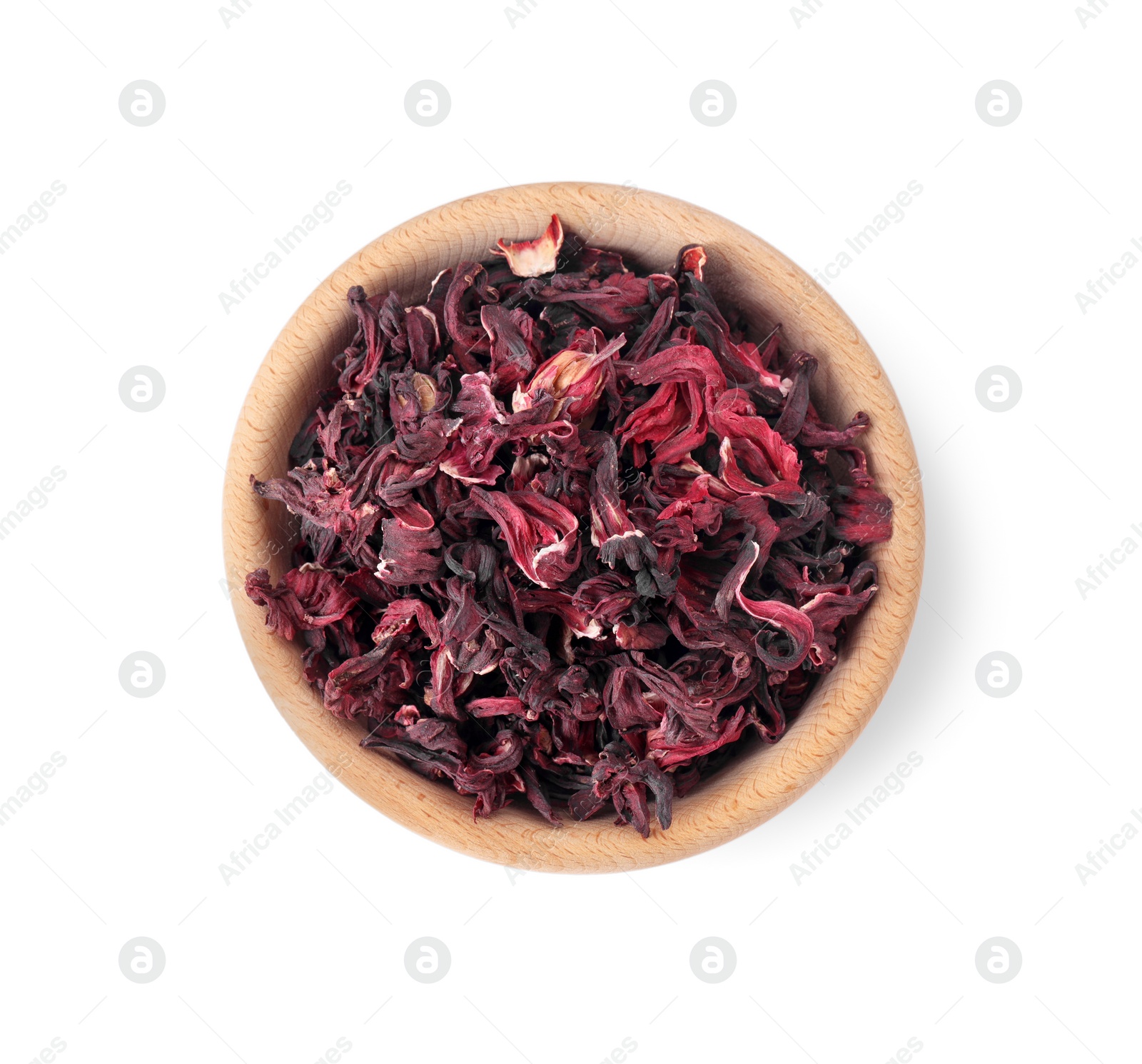 Photo of Bowl of dry hibiscus tea isolated on white, top view