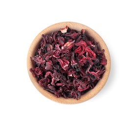 Bowl of dry hibiscus tea isolated on white, top view