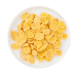 Photo of Breakfast cereal. Corn flakes and milk in bowl isolated on white, top view