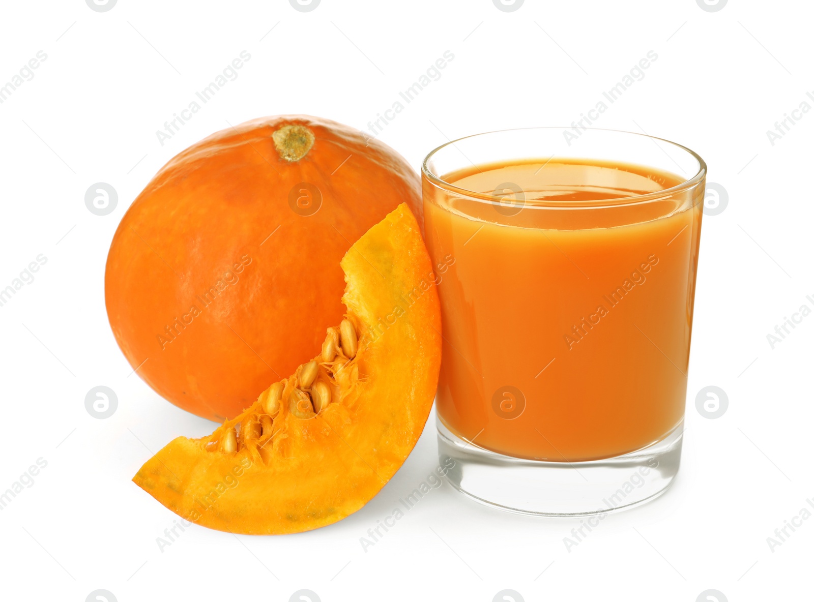 Photo of Glass with pumpkin juice and fresh vegetables on white background