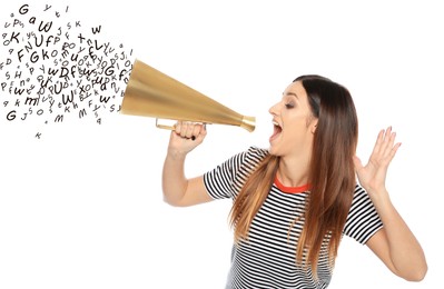 Image of Woman using megaphone on white background. Letters flying out of device