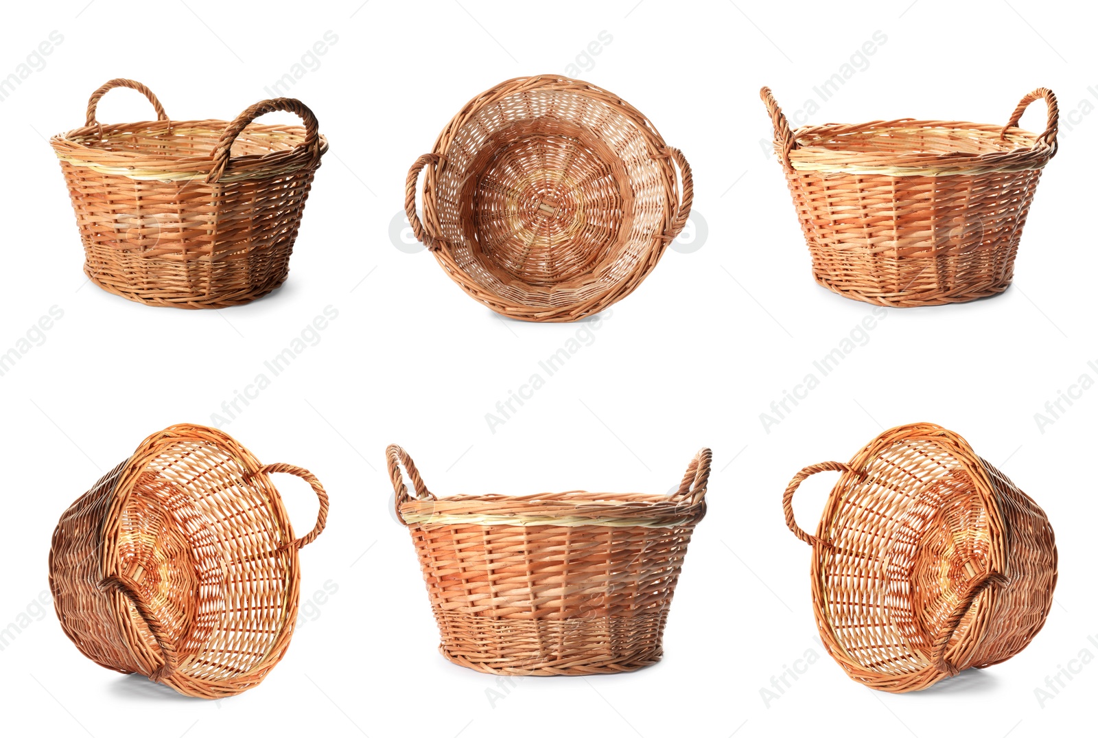 Image of Set with wicker baskets on white background