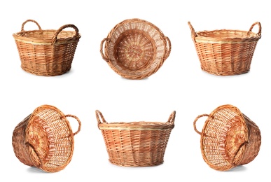 Set with wicker baskets on white background