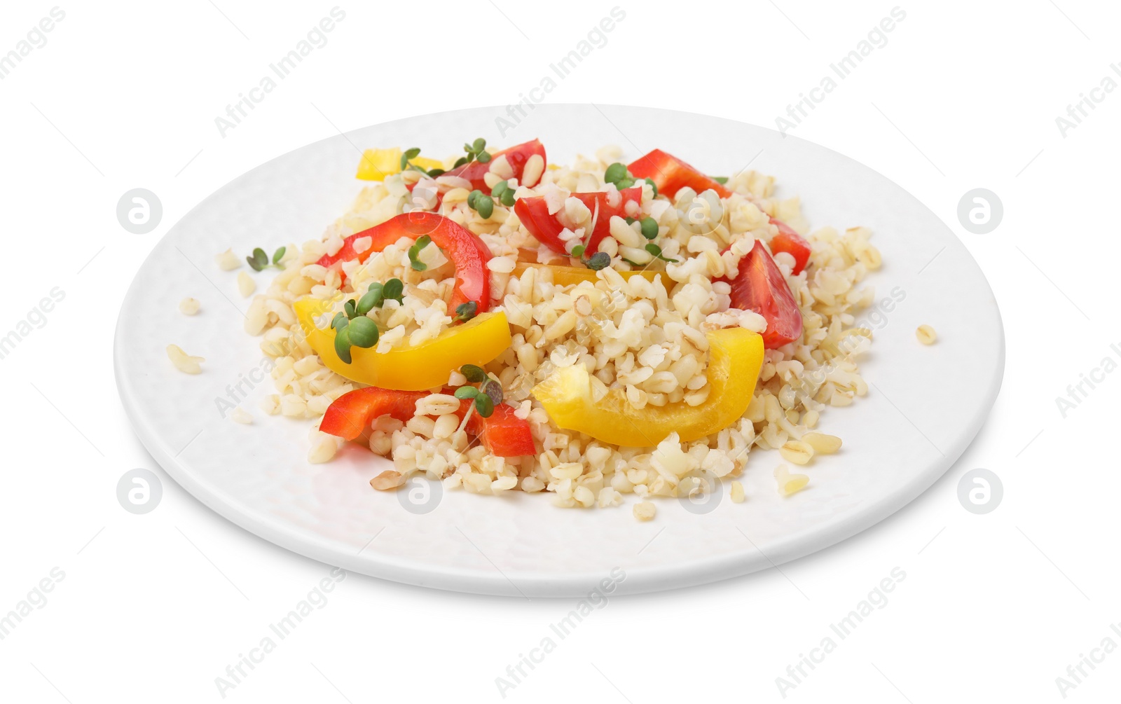 Photo of Plate of cooked bulgur with vegetables isolated on white