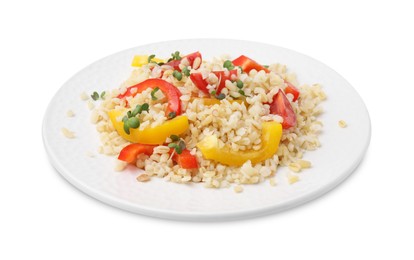 Plate of cooked bulgur with vegetables isolated on white