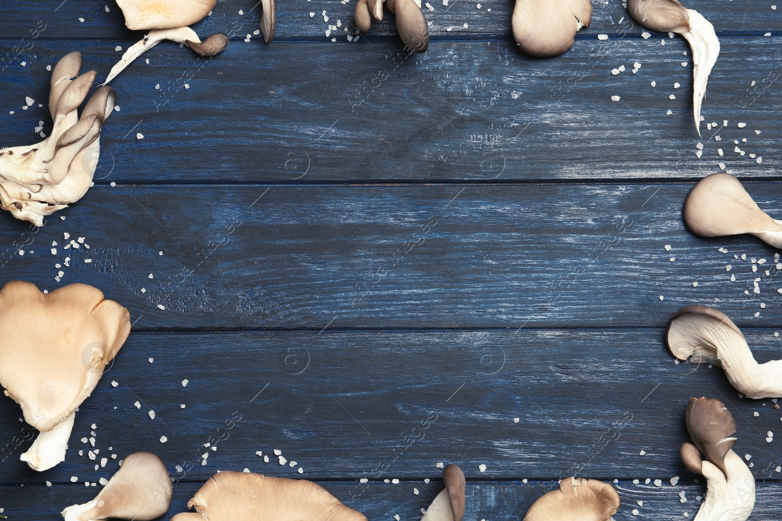 Photo of Frame made of oyster mushrooms on wooden background, flat lay with space for text