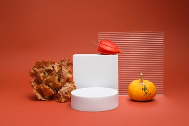 Autumn presentation for product. Geometric figures, pumpkin, dry leaves and physalis on terracotta background