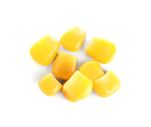 Delicious canned sweet corn isolated on white, top view