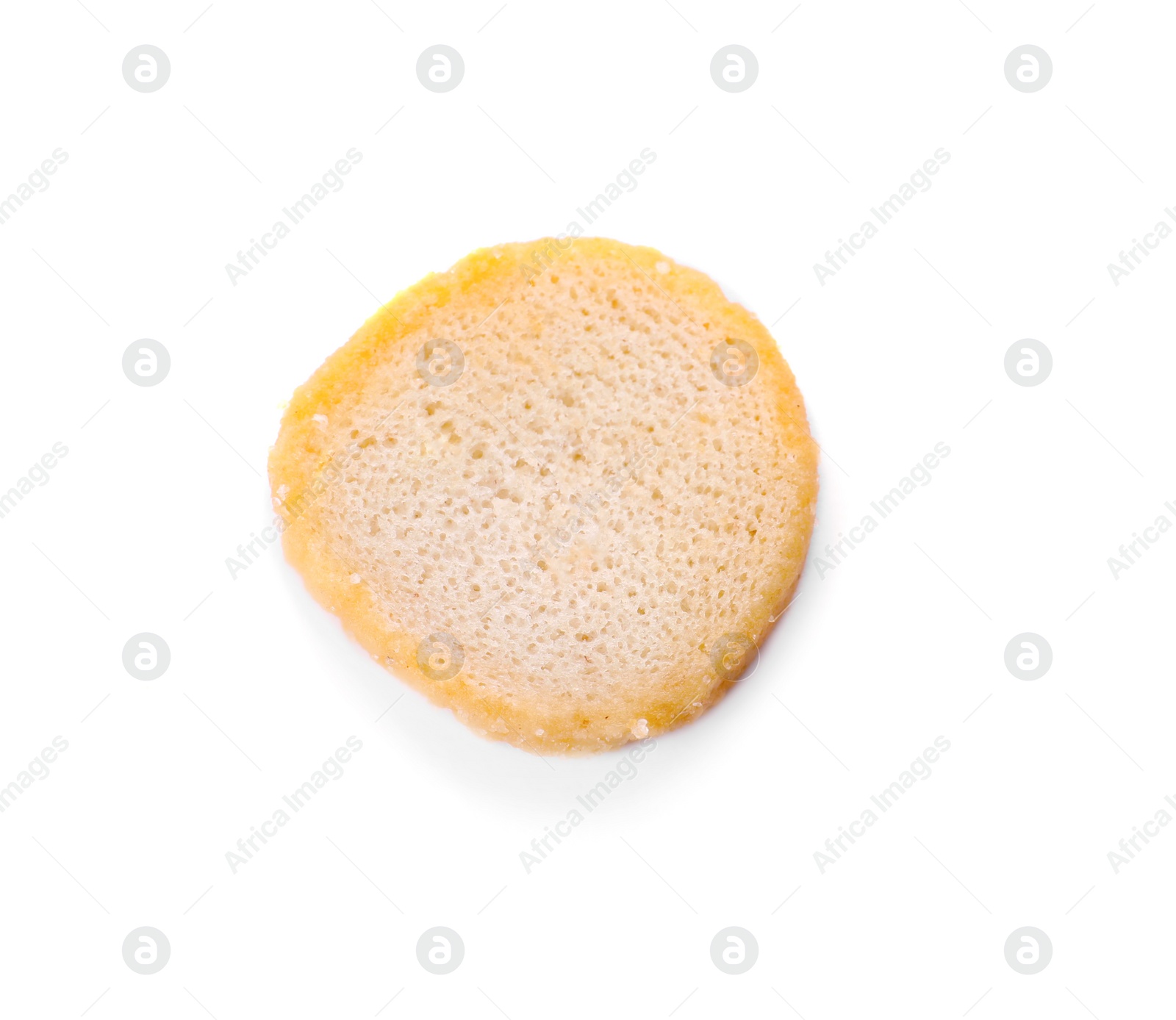 Photo of One delicious crispy rusk isolated on white, top view